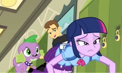 Size: 621x370 | Tagged: safe, derpibooru import, screencap, spike, teddy t. touchdown, twilight sparkle, dog, equestria girls, background human, eyes on the prize, out of context, smiling, spike the dog