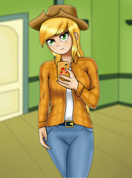 Size: 895x1200 | Tagged: safe, artist:focusb, applejack, human, cellphone, fanart, female, humanized, phone, selfie, smartphone, solo