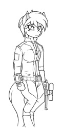 Size: 600x1200 | Tagged: safe, artist:whitepone, oc, oc only, oc:littlepip, anthro, fallout equestria, anthro oc, black and white, clothes, fanfic, fanfic art, female, grayscale, gun, handgun, hooves, little macintosh, monochrome, optical sight, pipbuck, revolver, simple background, solo, vault suit, weapon, white background