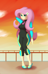 Size: 1650x2550 | Tagged: safe, artist:7los7, fluttershy, better together, equestria girls, forgotten friendship, adorasexy, breasts, clothes, cute, feet, female, flip-flops, looking at you, one-piece swimsuit, sandals, sexy, smiling, solo, swimsuit, wetsuit