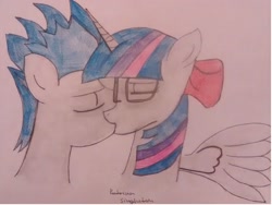 Size: 1868x1404 | Tagged: safe, artist:burning-heart-brony, artist:ilovegreendeathsalot, flash sentry, twilight sparkle, twilight sparkle (alicorn), alicorn, pegasus, pony, female, flashlight, glasses, i can't believe it's not sci-twi, kissing, love, male, ribbon, shipping, straight, trace, traditional art