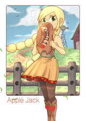 Size: 1447x2046 | Tagged: safe, artist:nanjun404, applejack, equestria girls, friendship through the ages, alternate hairstyle, barn, blonde, country applejack, cute, farm, fence, hatless, jackabetes, missing accessory, pixiv, shy, sleeveless, solo, windmill