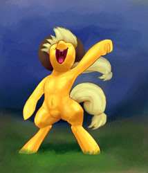 Size: 1019x1189 | Tagged: safe, artist:xbi, applejack, earth pony, pony, semi-anthro, abs, bipedal, open mouth, outdoors, solo, standing