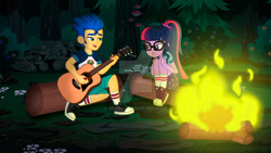 Size: 1280x720 | Tagged: safe, artist:ro994, flash sentry, sci-twi, twilight sparkle, equestria girls, legend of everfree, camp everfree outfits, campfire, converse, female, flashlight, guitar, male, sciflash, shipping, shoes, singing, sneakers, straight, watermark