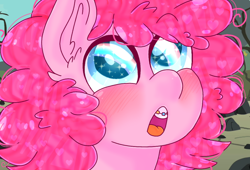 Size: 800x544 | Tagged: safe, artist:jesterfestivle, pinkie pie, earth pony, pony, the cutie mark chronicles, and that's how equestria was made, blushing, braces, bust, cute, diapinkes, ear fluff, female, filly, filly pinkie pie, looking up, open mouth, rainbow, scene interpretation, solo, starry eyes, wingding eyes, younger