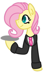 Size: 727x1125 | Tagged: safe, artist:azure-quill, fluttershy, pegasus, pony, clothes, simple background, solo, suit, transparent background, tray, waiter