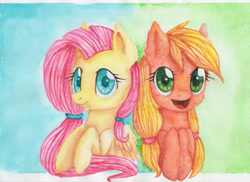 Size: 2740x2000 | Tagged: safe, artist:0okami-0ni, applejack, fluttershy, earth pony, pegasus, pony, alternate hairstyle, pigtails, traditional art, twintails, watercolor painting