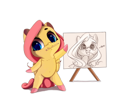 Size: 2000x1600 | Tagged: dead source, safe, artist:miokomata, fluttershy, pegasus, pony, bipedal, butts, chibi, colored hooves, cute, dialogue, drawing, eye reflection, fangs, female, freckles, mouth hold, open mouth, pencil, pencil drawing, plot, reflection, shyabetes, simple background, sketch, smiling, solo, traditional art, transparent background, wingding eyes