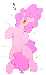 Size: 628x1008 | Tagged: safe, artist:theobrobine, pinkie pie, earth pony, pony, chest fluff, cute, diapinkes, female, hidden eyes, mare, on back, open mouth, sleeping, smiling, solo, tongue out, uvula, zzz