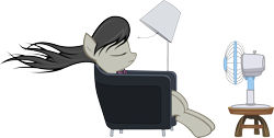 Size: 3017x1519 | Tagged: safe, artist:kurokaji11, octavia melody, earth pony, pony, chair, eyes closed, fan, lamp, maxell, parody, sitting, solo, windswept mane