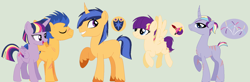 Size: 1558x508 | Tagged: safe, artist:xxanimatorixx, flash sentry, twilight sparkle, oc, oc:burning topaz, oc:harmony, oc:honor shield, alicorn, pegasus, pony, unicorn, base used, couple, family, female, flashlight, male, next generation, offspring, parent:flash sentry, parent:twilight sparkle, parents:flashlight, rainbow power, scar, shipping, short mane, straight