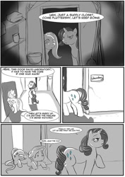 Size: 707x1000 | Tagged: safe, artist:jrain9110, artist:kaeaskavi, fluttershy, rarity, pegasus, pony, unicorn, comic:equestria's infestation plague, anatomically incorrect, closet, comic, cowering, dialogue, door, duo, floppy ears, hallway, incorrect leg anatomy, laboratory, partial color, scared, speech bubble