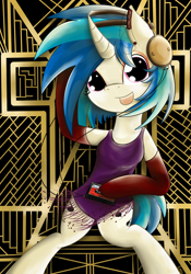 Size: 1750x2500 | Tagged: safe, artist:lilliesinthegarden, dj pon-3, vinyl scratch, pony, semi-anthro, art deco, bipedal, cassette tape, clothes, flapper, headphones, leotard, retro, socks, solo, steampunk