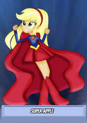 Size: 1600x2263 | Tagged: safe, artist:jucamovi1992, applejack, equestria girls, app-el, breasts, cape, clothes, crossover, dc comics, dc universe, female, smiling, solo, supergirl