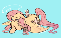 Size: 1956x1246 | Tagged: safe, artist:waackery, fluttershy, pegasus, pony, rabbit, blue background, comforting, crying, cute, female, floppy ears, lidded eyes, mare, prone, sad, shyabetes, simple background, solo, spread wings, teary eyes, wings