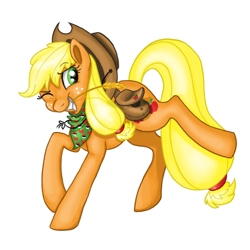 Size: 600x600 | Tagged: safe, artist:dreaminqheart, applejack, earth pony, pony, hay stalk, one eye closed, pokémon, pokémon trainer, raised hoof, raised leg, saddle bag, simple background, solo, straw in mouth, white background, wink