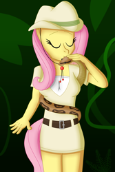 Size: 3495x5243 | Tagged: safe, artist:sergeant16bit, fluttershy, anthro, python, snake, animal, belt, clothes, cute, explorer, female, hat, jungle, short skirt, skirt, solo