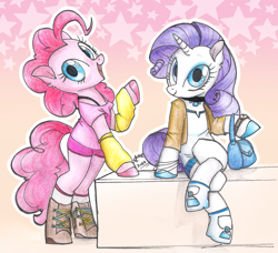 Size: 2000x1827 | Tagged: safe, artist:sl0ne, pinkie pie, rarity, earth pony, pony, unicorn, clothes, cute, diapinkes, female, looking at you, mare, raribetes, shoes, sitting, smiling, traditional art