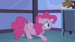 Size: 1280x720 | Tagged: safe, screencap, pinkie pie, earth pony, pony, baby cakes, female, mare, open mouth, plot, solo, underhoof