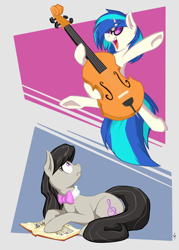 Size: 2000x2800 | Tagged: safe, artist:thekuto, dj pon-3, octavia melody, vinyl scratch, earth pony, pony, unicorn, book, cello, duo, duo female, female, mare, musical instrument