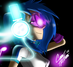 Size: 764x701 | Tagged: safe, artist:ceehoff, dj pon-3, vinyl scratch, equestria girls, black background, glow, headphones, human coloration, signature, simple background, solo