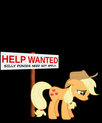 Size: 2317x2779 | Tagged: safe, applejack, earth pony, pony, black background, discrimination, help wanted, sad, sign, silly, silly pony, simple background, solo, unemployment, who's a silly pony