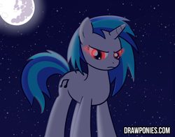 Size: 1500x1175 | Tagged: safe, artist:drawponies, dj pon-3, vinyl scratch, pony, unicorn, glowing eyes, mare in the moon, moon, night, red eyes, solo, vinyl the vampire