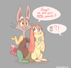 Size: 1807x1722 | Tagged: safe, artist:waackery, discord, fluttershy, rabbit, bipedal, bunnified, bunnyshy, dialogue, discoshy, female, implied angel bunny, male, offscreen character, shipping, simple background, smiling, species swap, speech bubble, straight