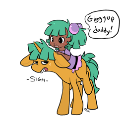 Size: 1000x1000 | Tagged: safe, artist:mt, snails, oc, oc:mudpie, pony, satyr, unicorn, annoyed, blush sticker, blushing, cute, dark skin, daughter, ear fluff, father and child, father and daughter, female, floppy ears, freckles, frown, glare, lidded eyes, male, ocbetes, offspring, older, parent and child, parent:snails, piggyback ride, riding, sigh, simple background, smiling, speech bubble, stallion, unamused, white background