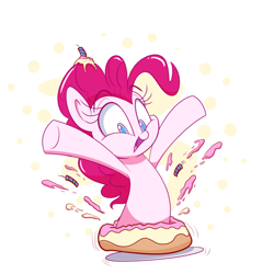 Size: 800x800 | Tagged: safe, artist:heir-of-rick, pinkie pie, earth pony, pony, abstract background, cake, candle, cute, female, food, jumping out of cake, mare, open mouth, smiling, solo