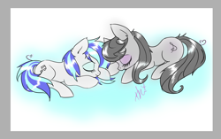 Size: 902x565 | Tagged: dead source, safe, artist:zombies8mywaffle, dj pon-3, octavia melody, vinyl scratch, earth pony, pony, cute, eyes closed, female, lesbian, mare, scratchtavia, shipping, sleeping