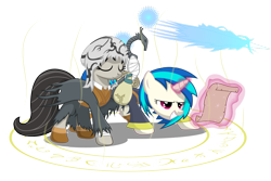 Size: 1024x682 | Tagged: safe, artist:stainless33, dj pon-3, octavia melody, vinyl scratch, earth pony, pony, dark souls, glowing horn, magic, staff