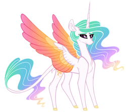 Size: 1600x1429 | Tagged: safe, artist:australian-senior, princess celestia, alicorn, pony, alternate universe, chest fluff, colored hooves, colored wings, colored wingtips, ethereal mane, female, gradient wings, kirindos, leonine tail, looking at you, mare, multicolored wings, simple background, smiling, solo, sparkles, standing, transparent background, wings