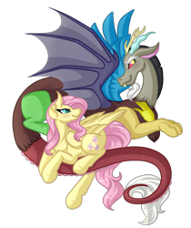 Size: 5000x5965 | Tagged: safe, artist:amazing-artsong, discord, fluttershy, draconequus, pegasus, pony, absurd resolution, blushing, discoshy, female, looking at each other, male, mare, shipping, simple background, smiling, straight, transparent background