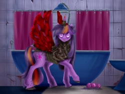 Size: 1024x768 | Tagged: safe, artist:crux9011, derpibooru import, twilight sparkle, changeling, changeling queen, hybrid, fanfic:for the hive, fanfic:of the hive, bathroom, changelingified, cloven hooves, color change, curved horn, egg, fanfic, fanfic art, fanfic cover, female, horn, moth wings, queen twilight, realistic horse legs, slit eyes