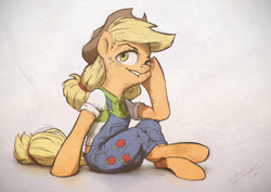 Size: 1200x850 | Tagged: safe, artist:assasinmonkey, applejack, earth pony, pony, semi-anthro, clothes, cowboy hat, crossed hooves, dungarees, female, freckles, hat, head on hoof, mare, overalls, signature, sitting, solo, stetson