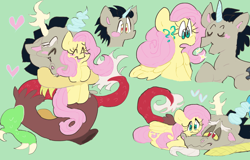 Size: 1500x962 | Tagged: safe, artist:bubblysoaps, discord, fluttershy, draconequus, pegasus, pony, unicorn, cute, discoshy, discute, female, happy, heart, hug, male, pony discord, shipping, shyabetes, simple background, straight, surprised