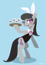 Size: 706x1000 | Tagged: dead source, safe, artist:pixiedot9, octavia melody, earth pony, pony, bipedal, blue background, blushing, bunny ears, bunny suit, clothes, cocktail, cute, female, leotard, simple background, solo, sweat, sweatdrop, tavibetes, tray