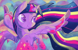 Size: 1280x828 | Tagged: safe, artist:ghostlymuse, derpibooru import, twilight sparkle, twilight sparkle (alicorn), alicorn, pony, female, flying, mare, rainbow power, solo, spread wings