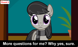 Size: 1600x973 | Tagged: safe, octavia melody, earth pony, pony, comic:celestia's servant interview, caption, clothes, cs captions, female, interview, looking at you, mare, scarf, solo