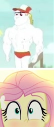 Size: 325x760 | Tagged: safe, bulk biceps, fluttershy, better together, equestria girls, beach, blushing, clothes, female, flutterbulk, male, muscles, partial nudity, shipping, straight, swimsuit, topless