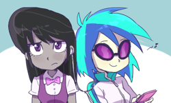 Size: 500x300 | Tagged: safe, artist:baekgup, dj pon-3, octavia melody, vinyl scratch, equestria girls, duo, octavia is not amused, sunglasses, unamused, vinyl scratch is amused