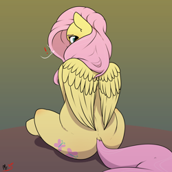 Size: 4000x4000 | Tagged: safe, artist:mr.smile, fluttershy, pegasus, pony, blushing, cute, daaaaaaaaaaaw, dock, female, flutterbutt, looking at you, looking back, looking back at you, mare, shy, shyabetes, sitting, solo, wings