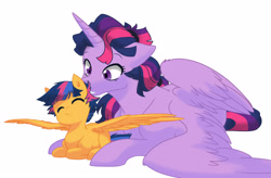 Size: 2900x1900 | Tagged: safe, artist:kianamai, derpibooru import, twilight sparkle, twilight sparkle (alicorn), oc, oc:starburst, alicorn, pony, alternate hairstyle, cute, ear bite, female, filly, grooming, kilala97 is trying to murder us, kilalaverse, mama twilight, mare, mother and child, mother and daughter, next generation, offspring, parent and child, parent:flash sentry, parent:twilight sparkle, parents:flashlight, simple background, starbetes, white background