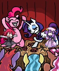 Size: 728x882 | Tagged: safe, artist:gingerfoxy, edit, pinkie pie, rarity, earth pony, pony, unicorn, pony comic generator, female, flower, koakuma, mare, patchouli knowledge, rose, stage, touhou