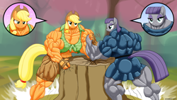 Size: 1920x1080 | Tagged: safe, artist:atariboy2600, applejack, maud pie, anthro, abs, applejacked, arm wrestling, fetish, maud pump, muscle fetish, muscles, overdeveloped muscles, strength