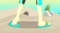 Size: 4090x2251 | Tagged: safe, screencap, fluttershy, aww... baby turtles, better together, equestria girls, beach, clothes, cropped, feet, flip-flops, heel pop, legs, pictures of legs, sandals, solo, swimsuit, wetsuit