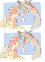 Size: 1925x2649 | Tagged: safe, artist:waackery, discord, fluttershy, draconequus, pegasus, pony, blushing, discoshy, eyes closed, female, kissing, looking at each other, male, mare, mistletoe, shipping, straight