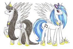 Size: 1024x682 | Tagged: safe, artist:islamilenaria, dj pon-3, octavia melody, vinyl scratch, alicorn, earth pony, pony, alicornified, octacorn, race swap, traditional art, vinylcorn