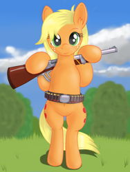 Size: 1536x2048 | Tagged: safe, artist:negasun, applejack, earth pony, pony, belt, bipedal, both cutie marks, cloud, freckles, grass, gun, looking at you, missing accessory, shotgun, sky, smiling, solo, weapon